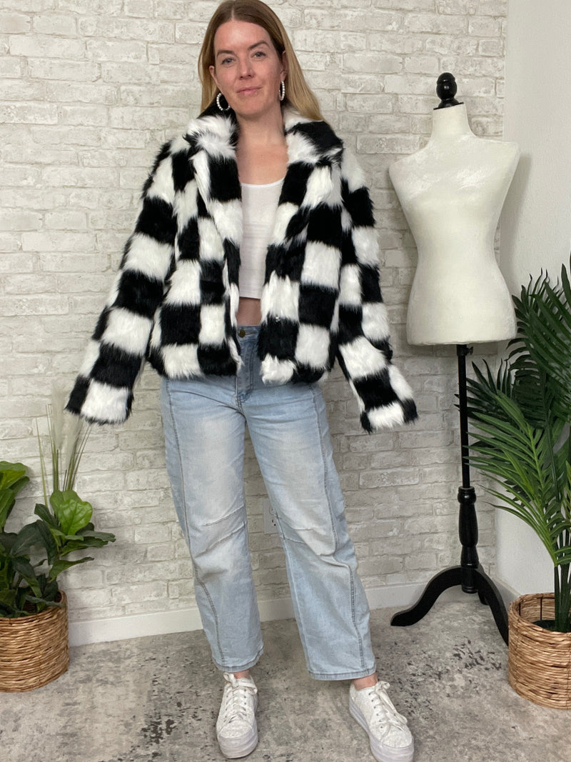 Halsey B+W Checker Faux Fur Jacket