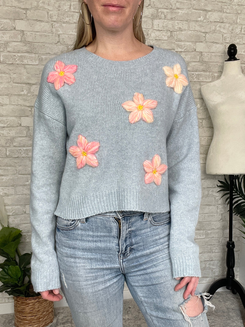 3D Pink/Yellow Floral Sweater Blue