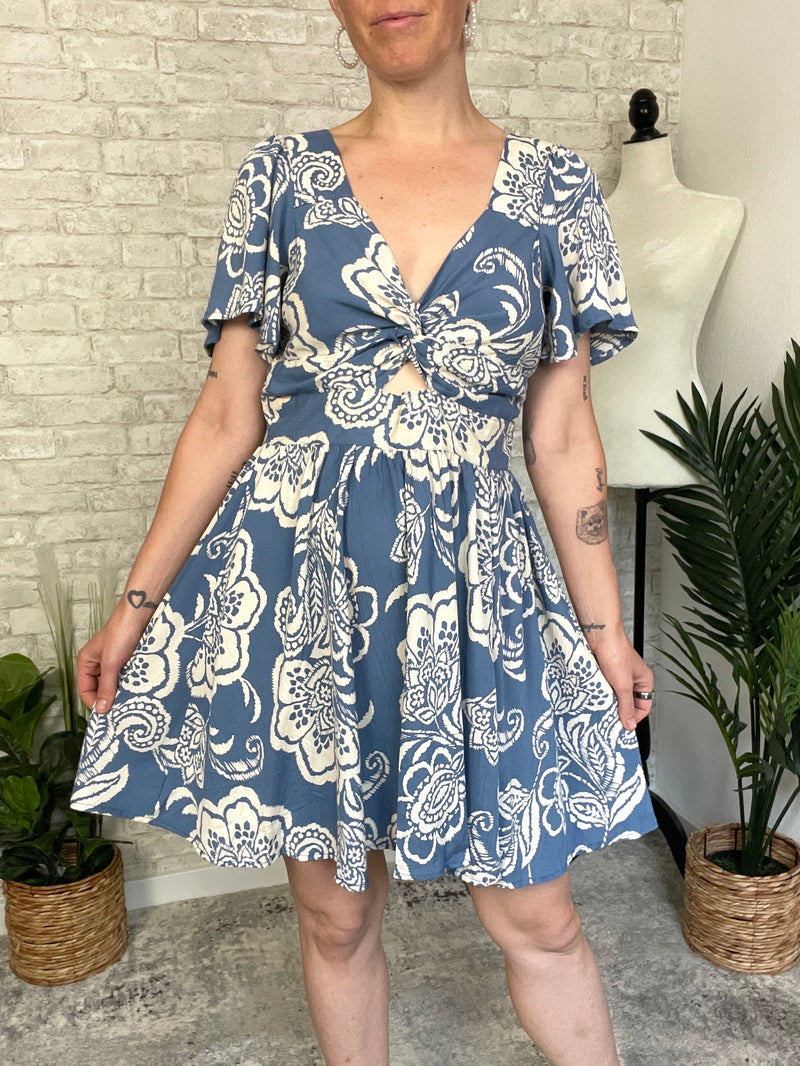 Mirabelle Twist Sun Dress Flounce Sleeve Blue