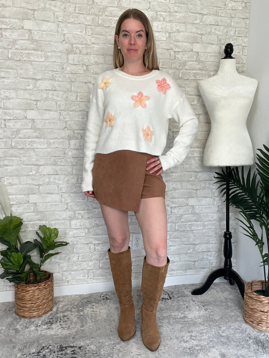 3D Pink Floral Sweater Cream