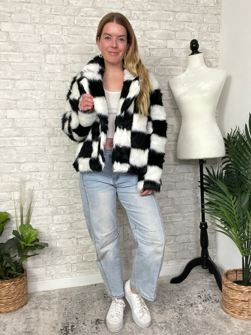 Halsey B+W Checker Faux Fur Jacket