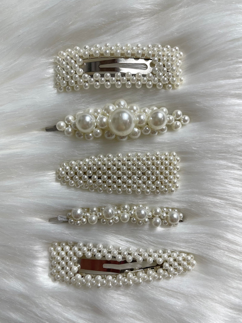 5 Piece Pearl Clip Set - Silver