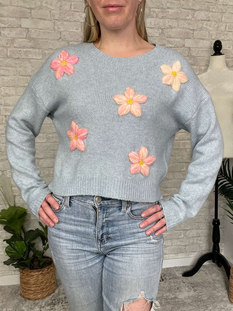 3D Pink/Yellow Floral Sweater Blue