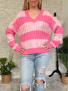 Frisa Pink Stripe "V" Neck Sweater