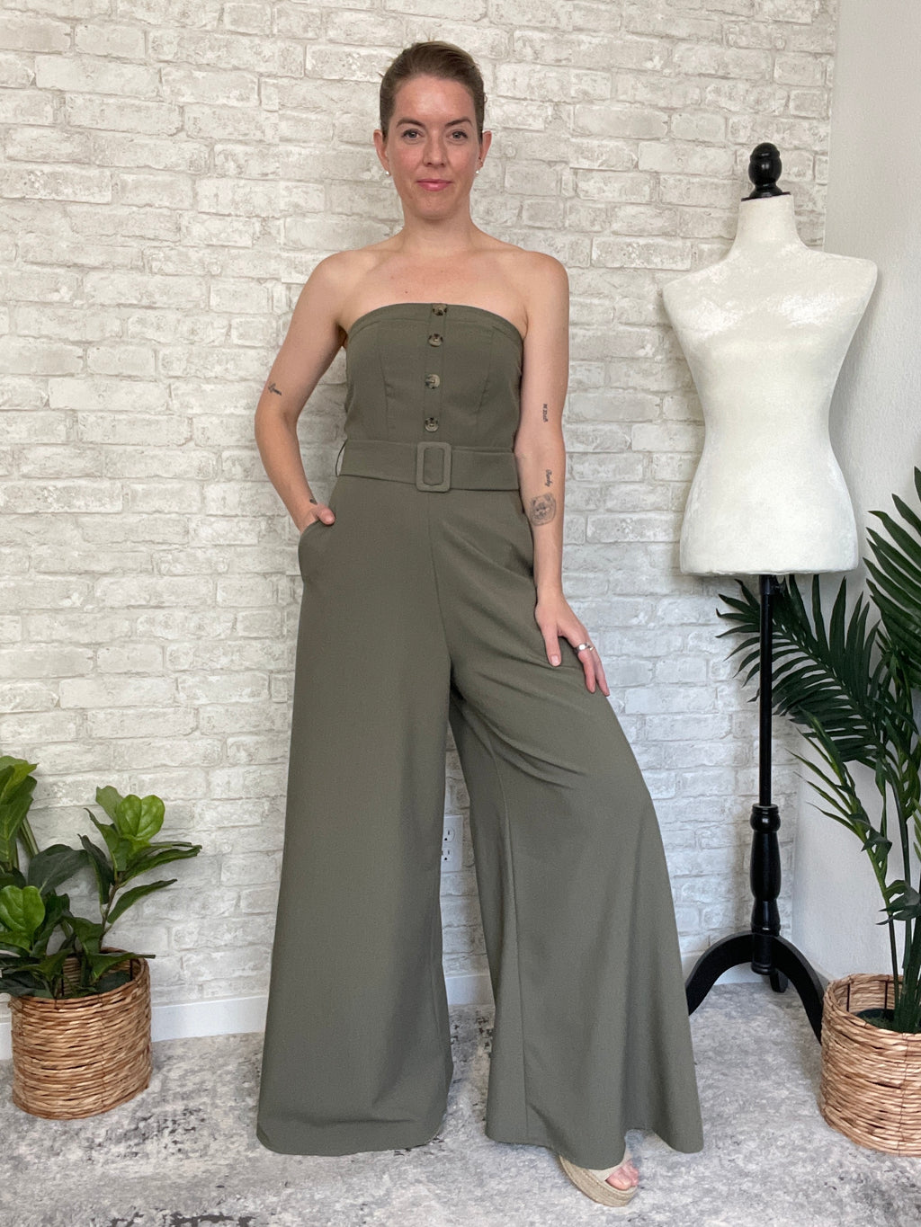 Sabrina Strapless Olive Jumpsuit