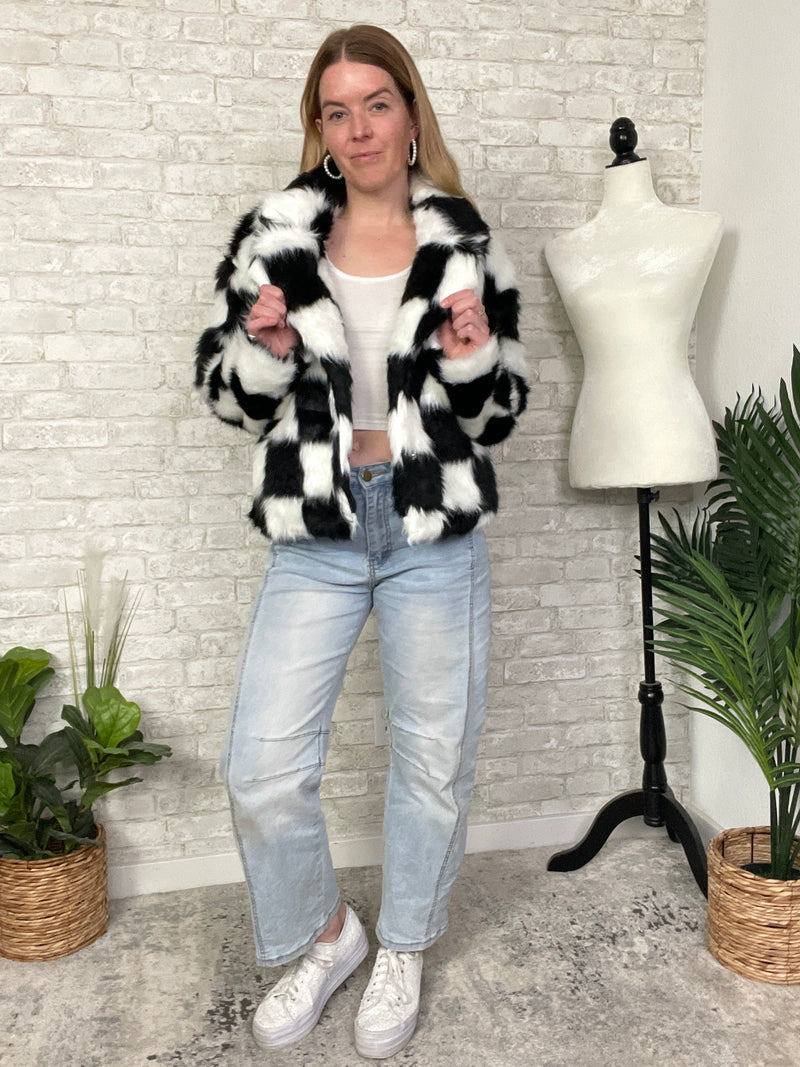 Halsey B+W Checker Faux Fur Jacket