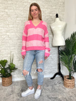 Frisa Pink Stripe "V" Neck Sweater