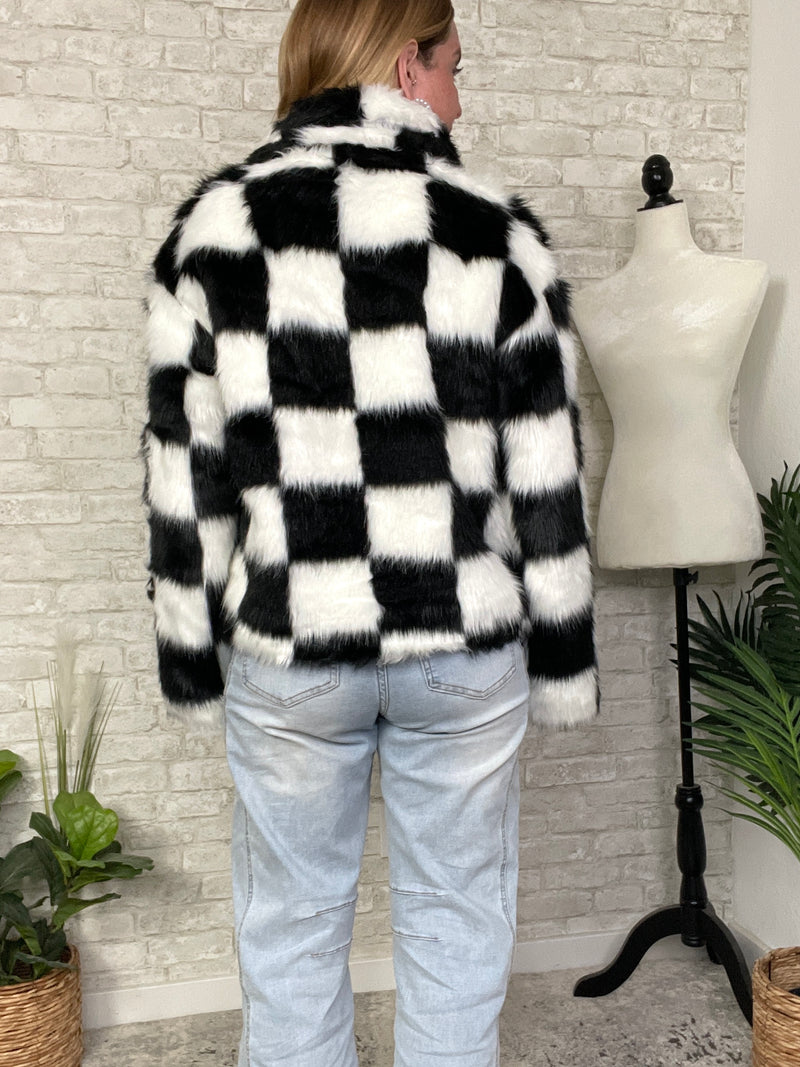 Halsey B+W Checker Faux Fur Jacket