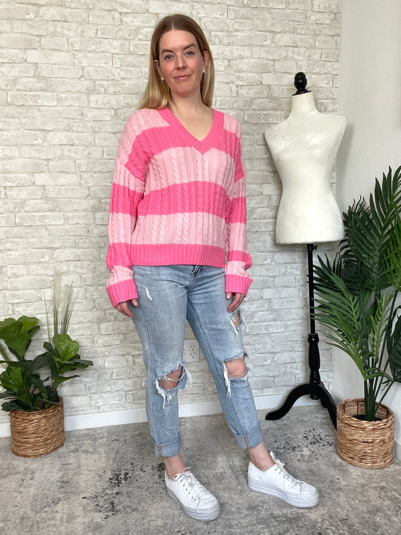 Frisa Pink Stripe "V" Neck Sweater