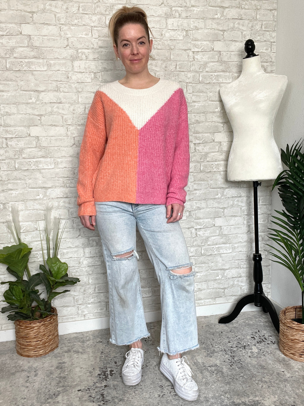 Henley Orange+Pink Color Block Sweater