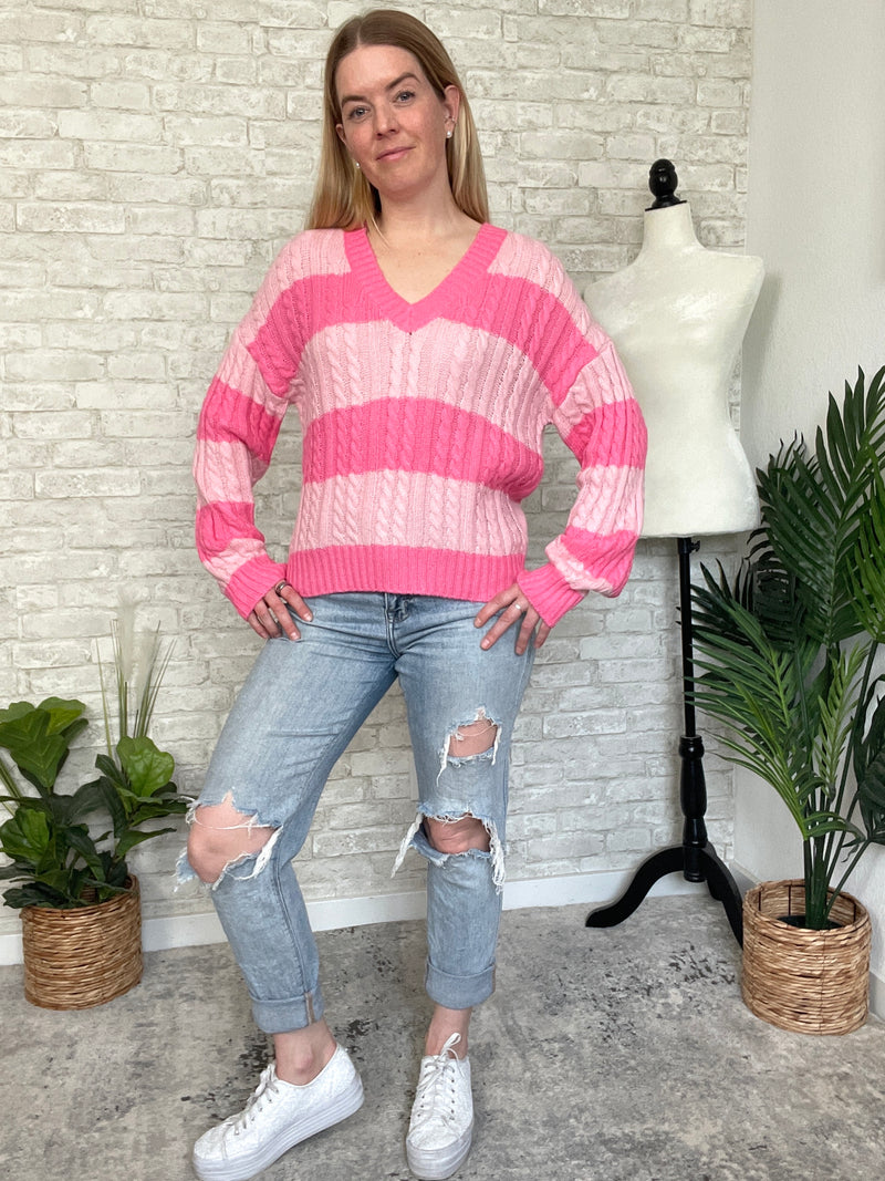 Frisa Pink Stripe "V" Neck Sweater