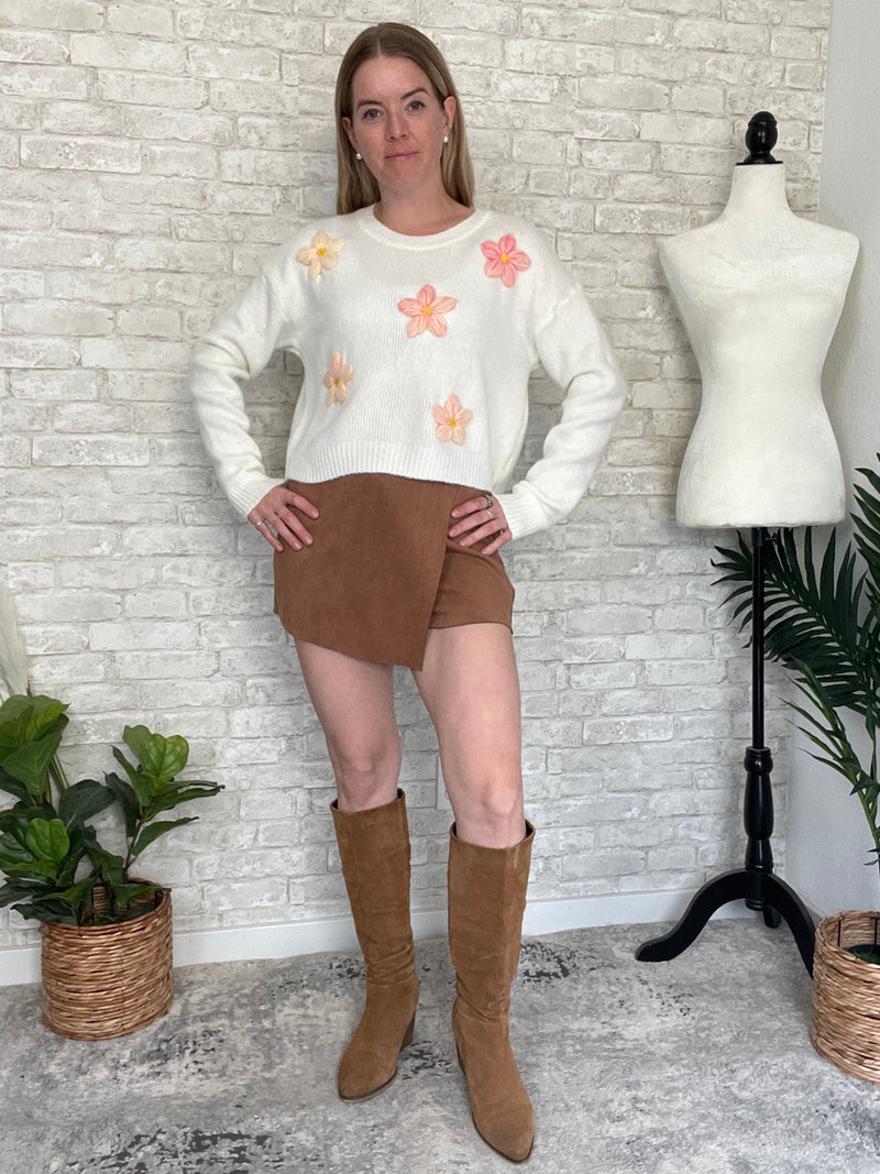 3D Pink Floral Sweater Cream