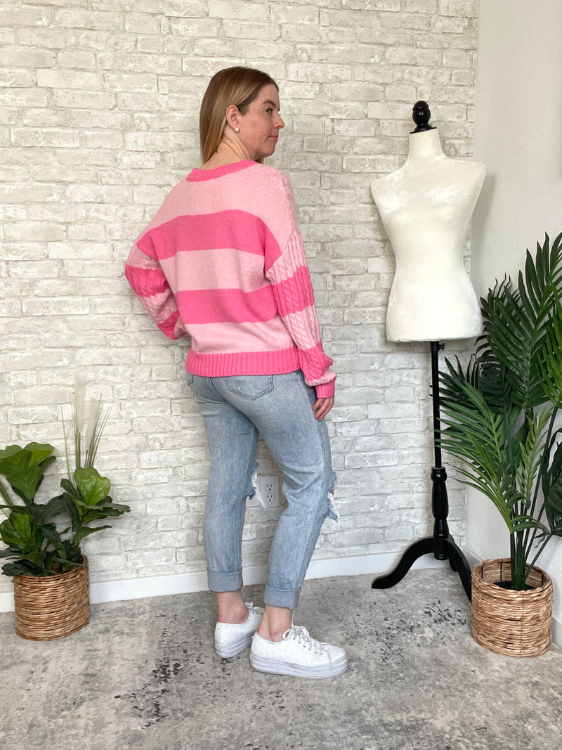 Frisa Pink Stripe "V" Neck Sweater