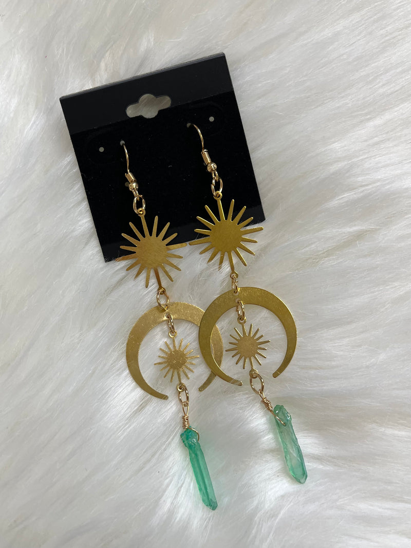 Moon + Green Crystal Star Dangle Earrings