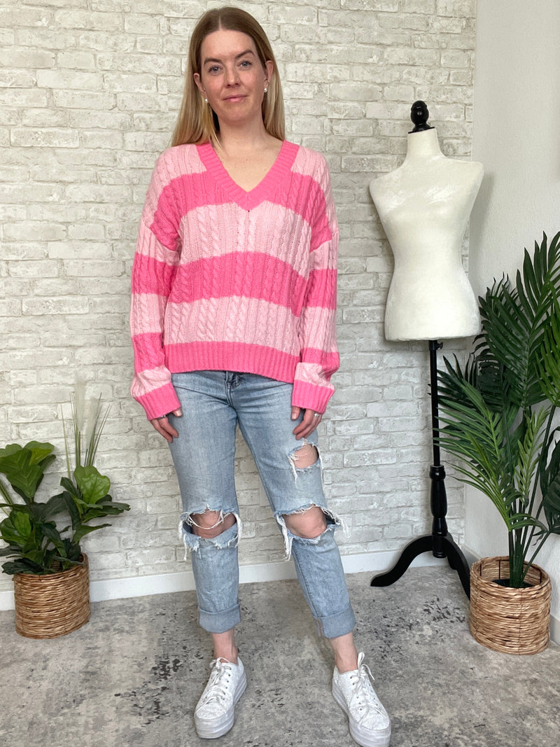 Frisa Pink Stripe "V" Neck Sweater