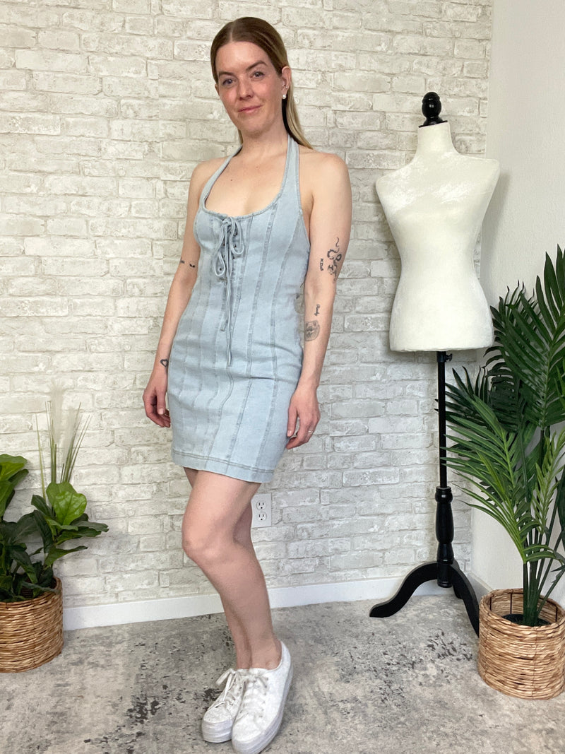 Aliyah Lace Up Halter Denim Dress