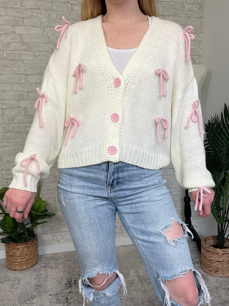 Loria Bow Cardigan Cream+Pink