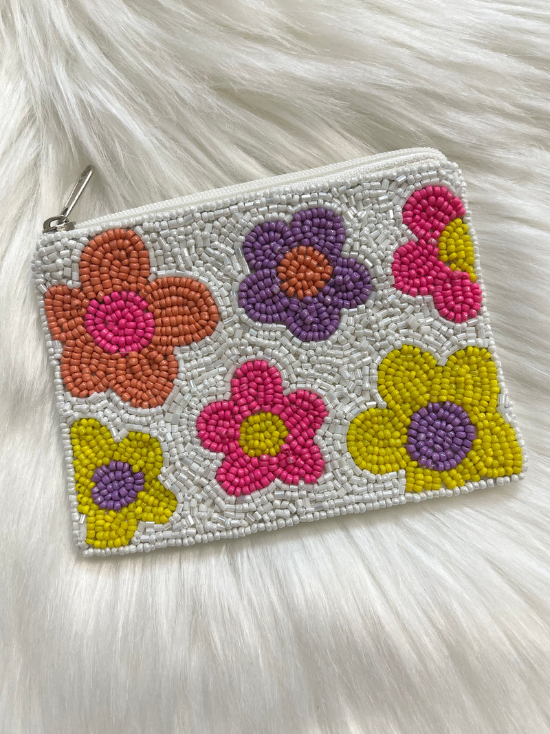 Retro Girlie Floral Seed Bead Coin Bag