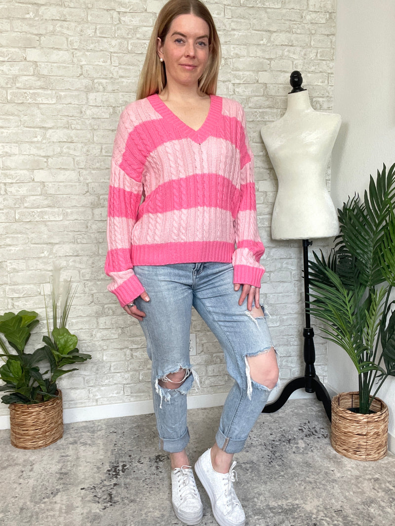 Frisa Pink Stripe "V" Neck Sweater