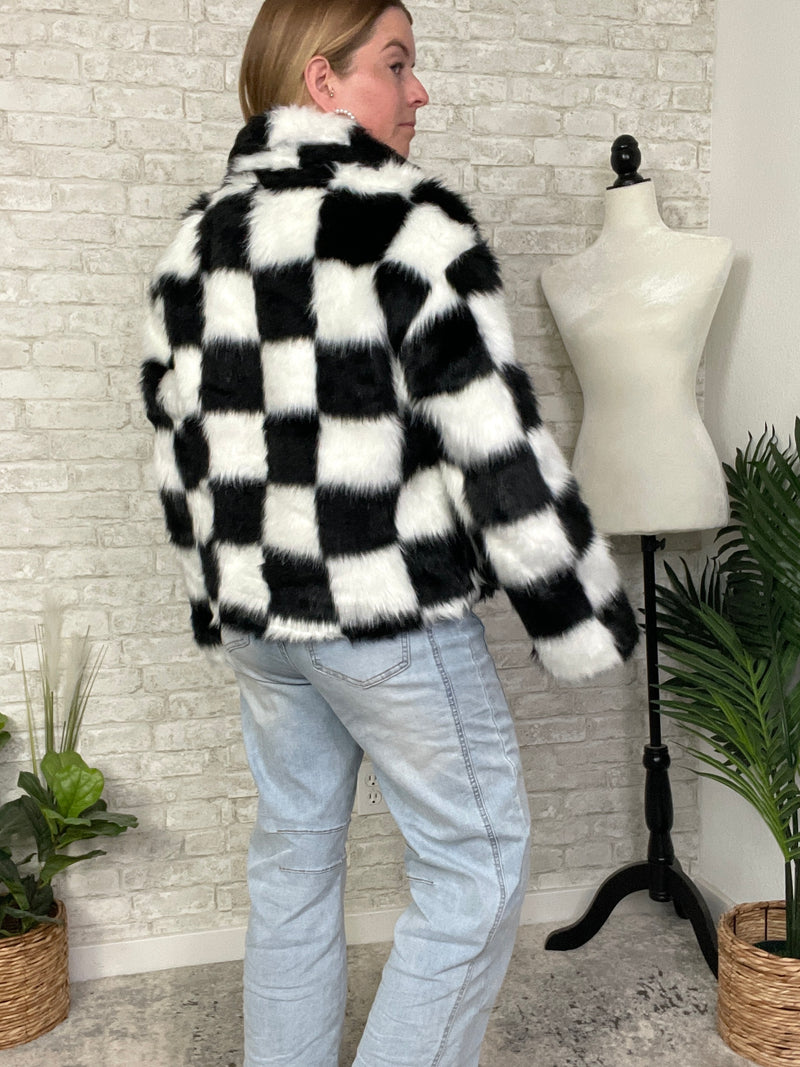 Halsey B+W Checker Faux Fur Jacket