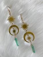 Moon + Green Crystal Star Dangle Earrings