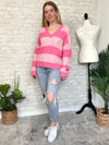 Frisa Pink Stripe "V" Neck Sweater