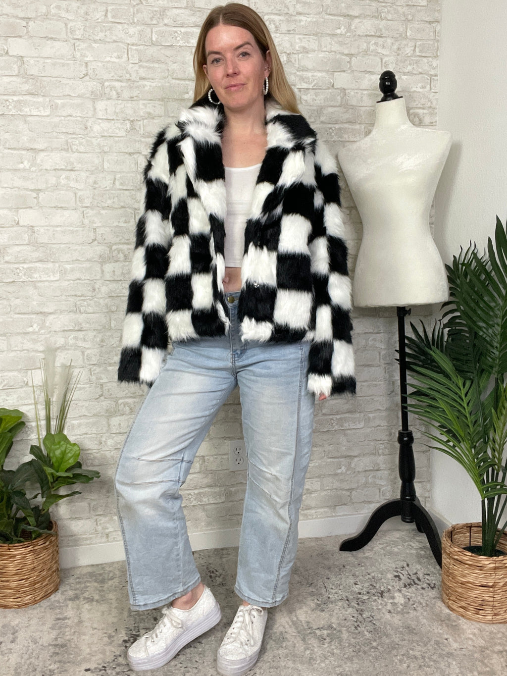 Halsey B+W Checker Faux Fur Jacket