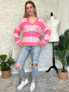 Frisa Pink Stripe "V" Neck Sweater