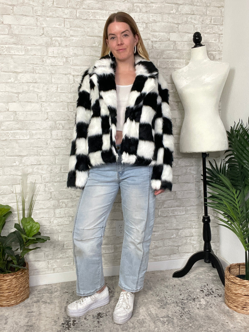 Halsey B+W Checker Faux Fur Jacket