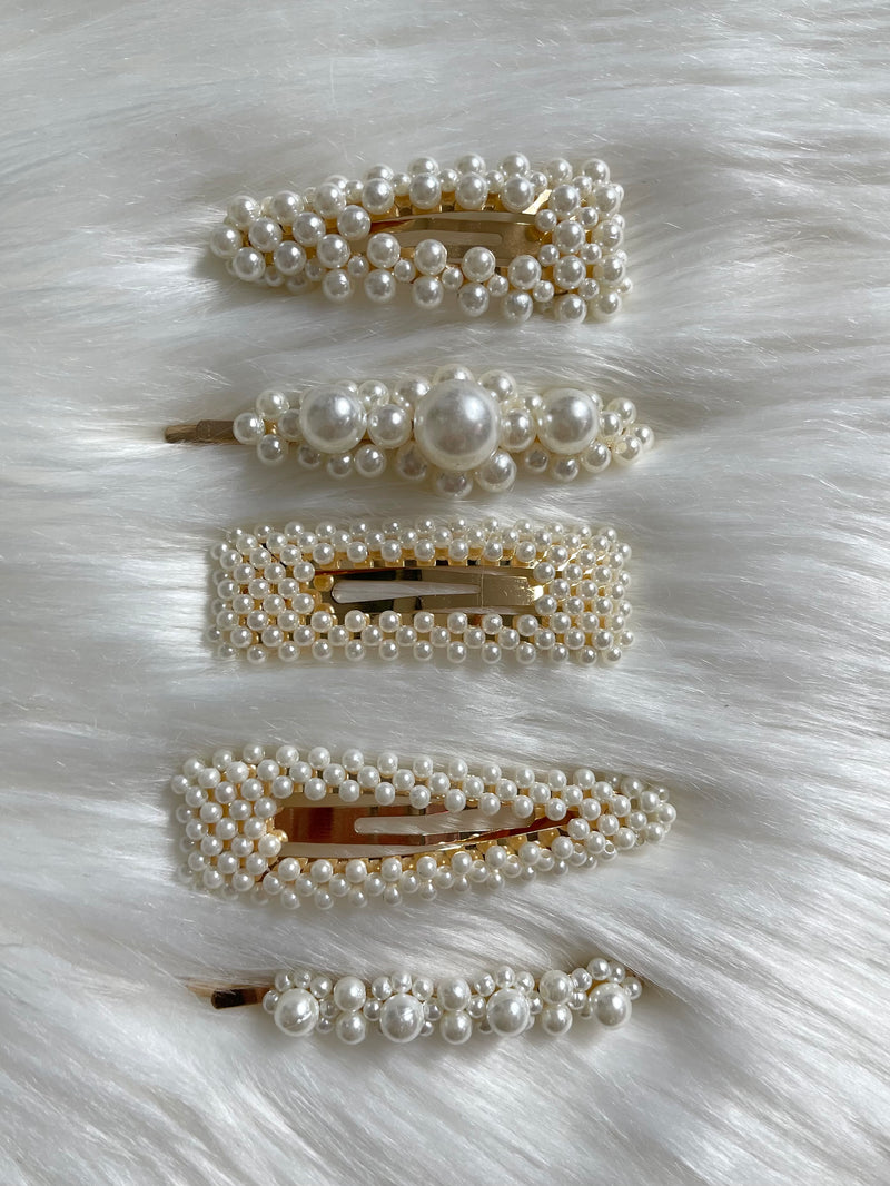 5 Piece Pearl Clip Set - Gold