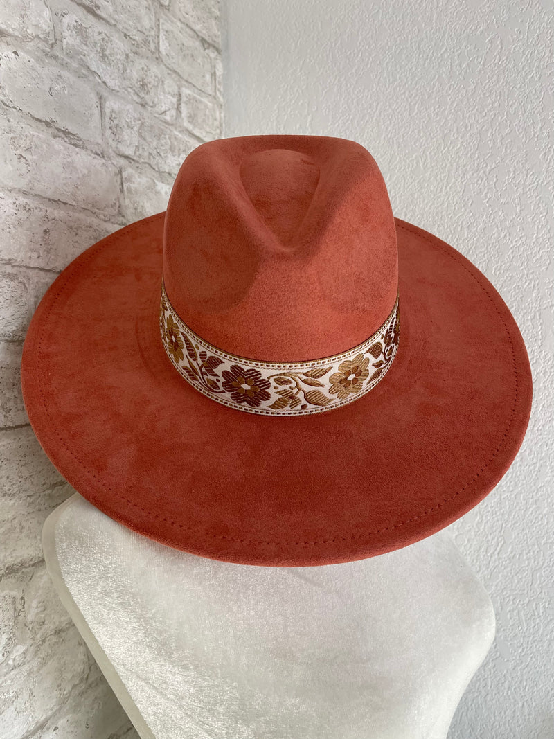 Willa Flower Band Rust Wide Brim