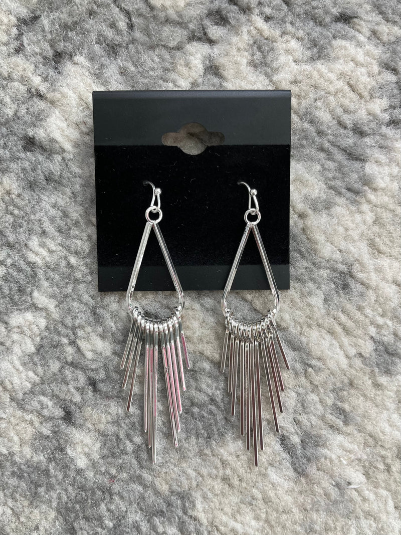 Metallic Bar Fringe Tear Dangle Earrings Silver