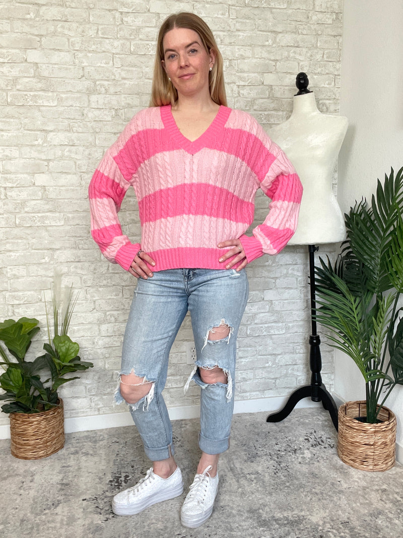 Frisa Pink Stripe "V" Neck Sweater