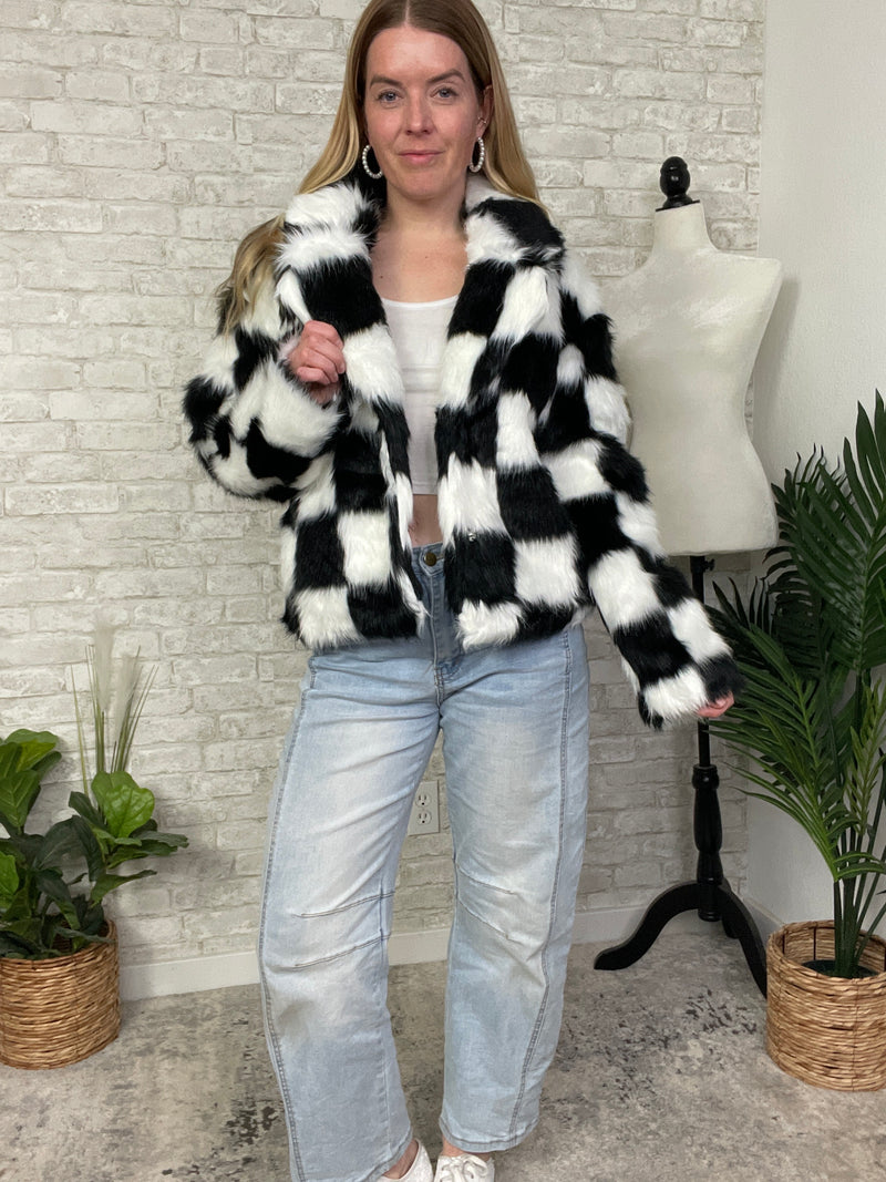 Halsey B+W Checker Faux Fur Jacket